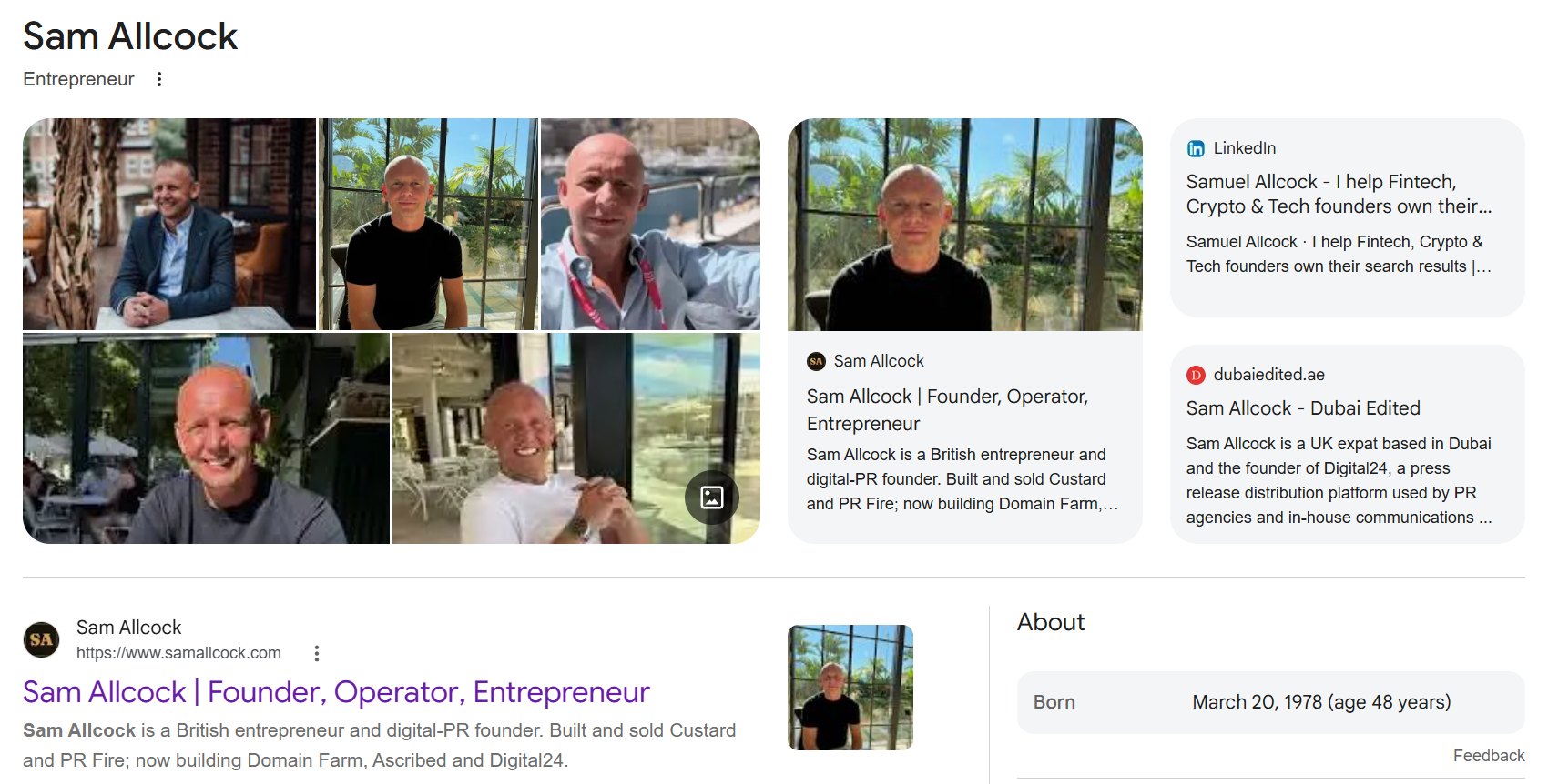 Google search for Sam Allcock showing his knowledge panel: Entrepreneur, a grid of photos, his website, LinkedIn and Dubai Edited profiles, and his date of birth
